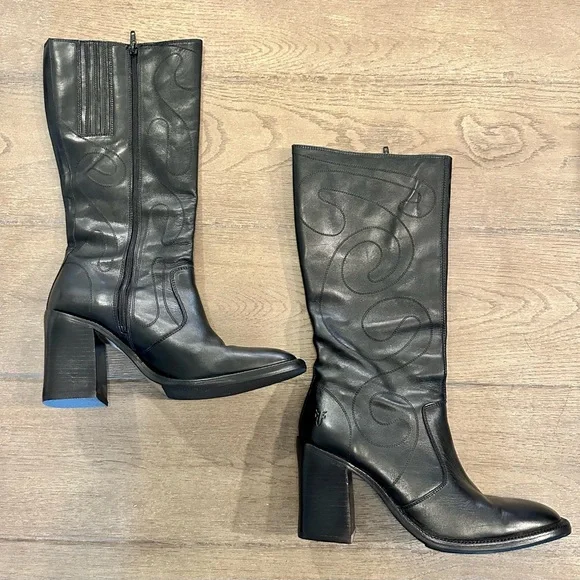 Frye black leather heeled cowboy boots, size 9 - Picture 2 of 4